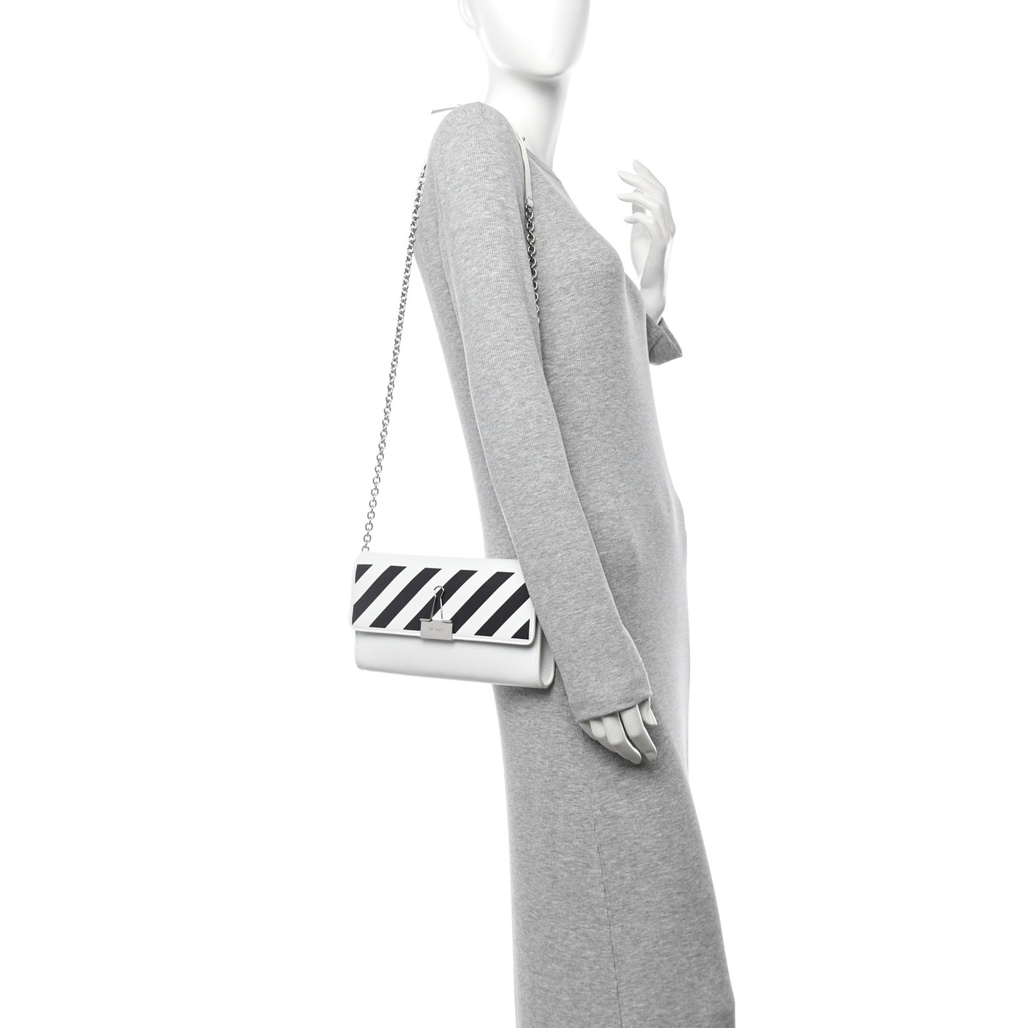 Saffiano Striped Diag Binder Clip Flap Wallet On Chain White Black