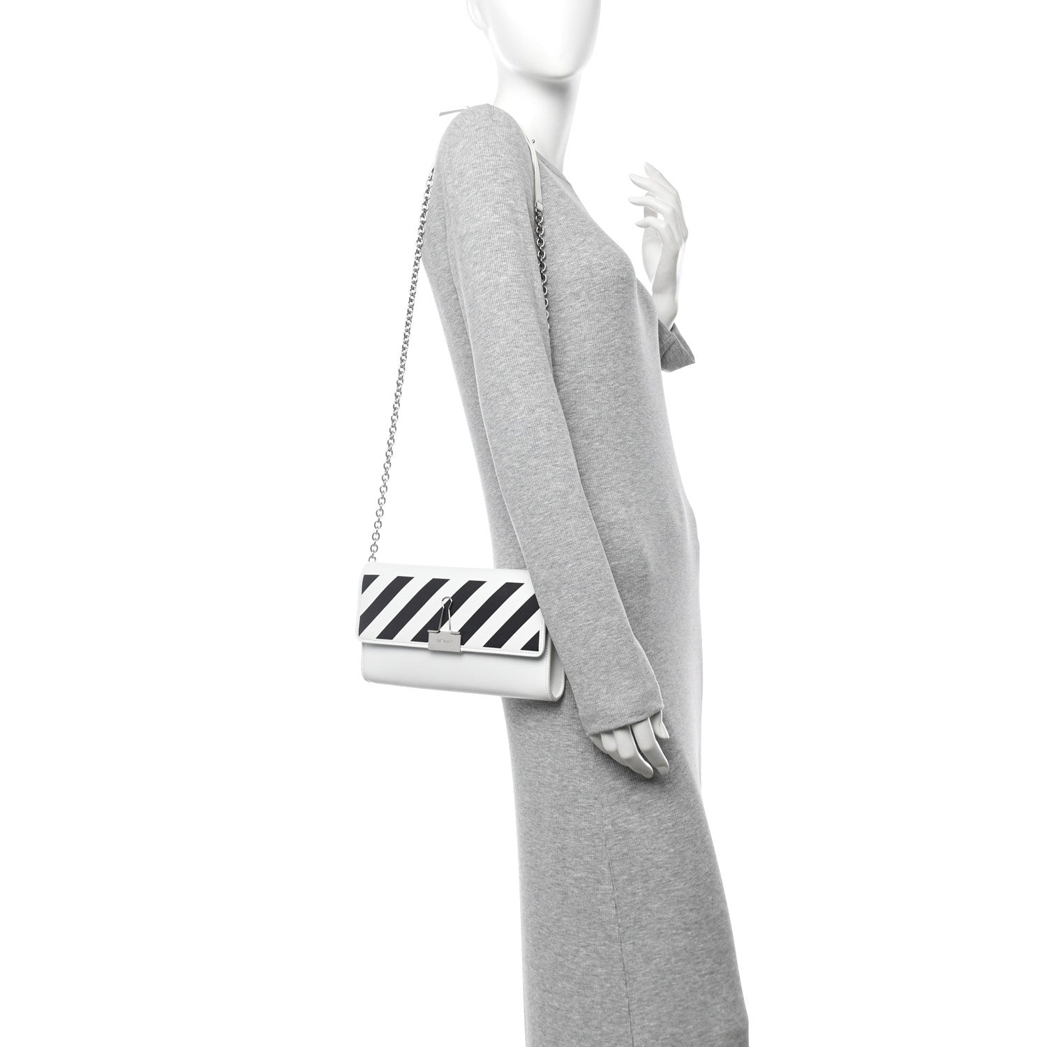 Off-White Saffiano Striped Diag Binder Clip Flap Wallet On Chain White Black 2 of 10