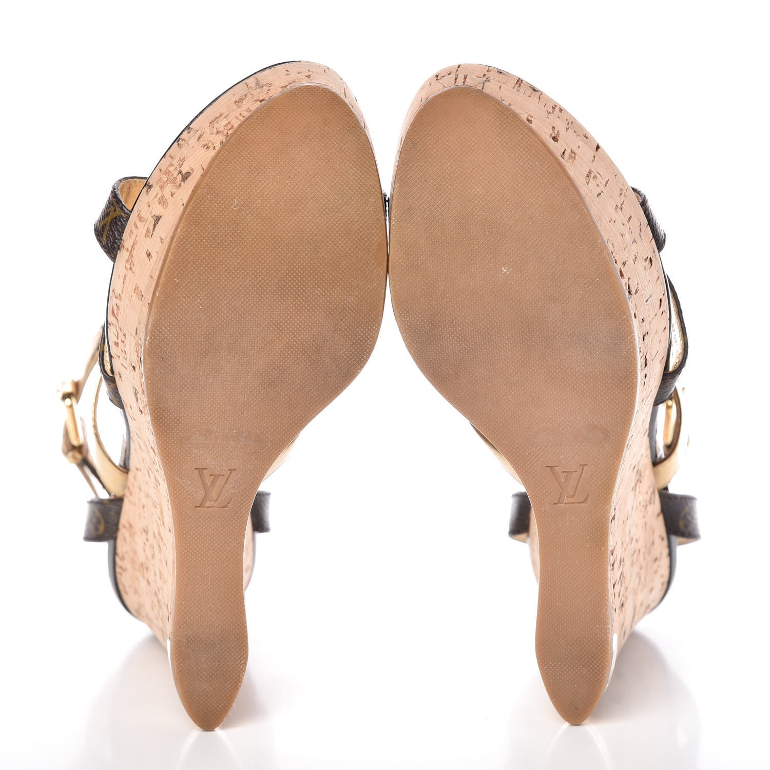 Louis Vuitton Monogram Metallic T-Strap Cork Wedge Sandals 37 Brown 7 of 10