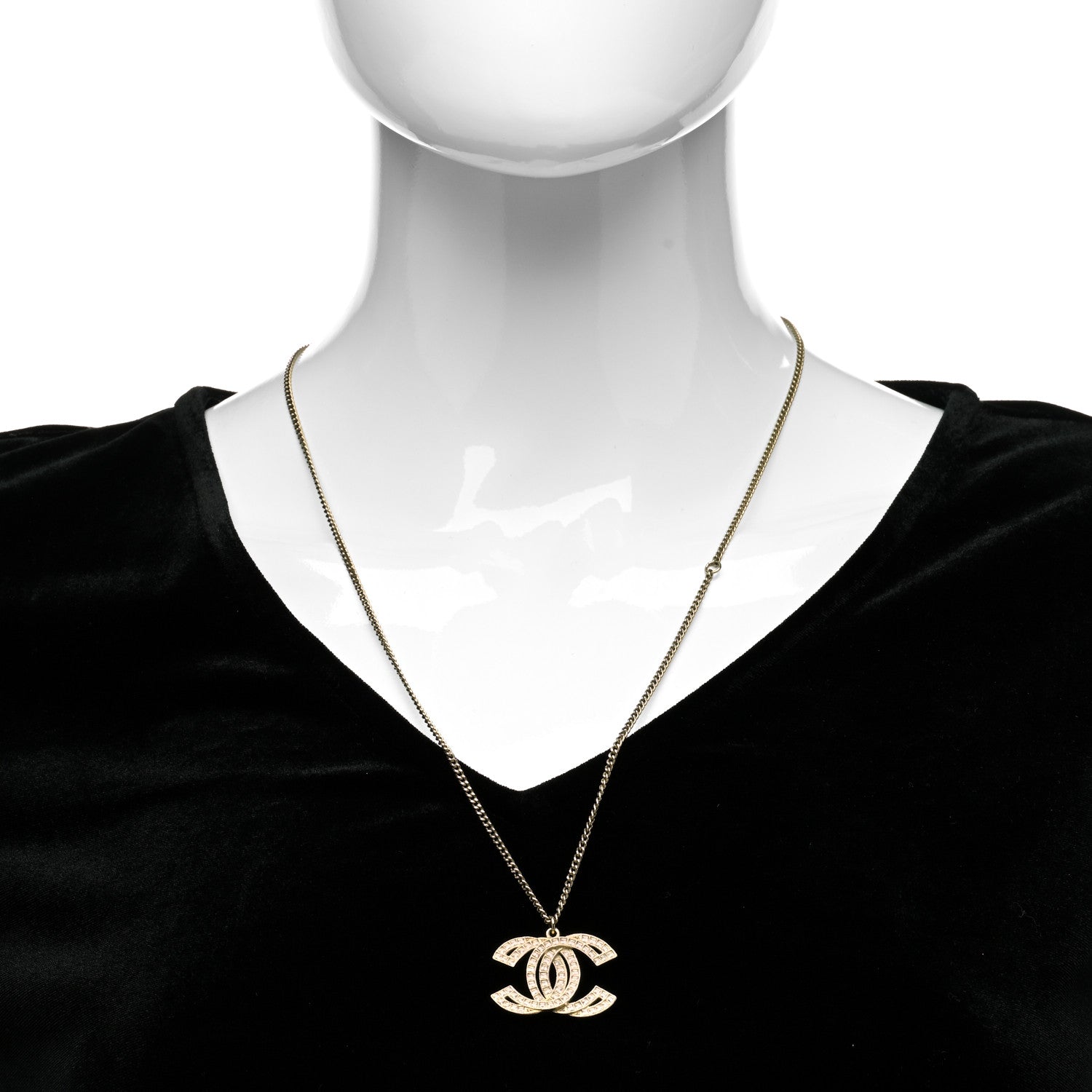 Chanel Metal Crystal Baguette CC Pendant Necklace Gold 2 of 5