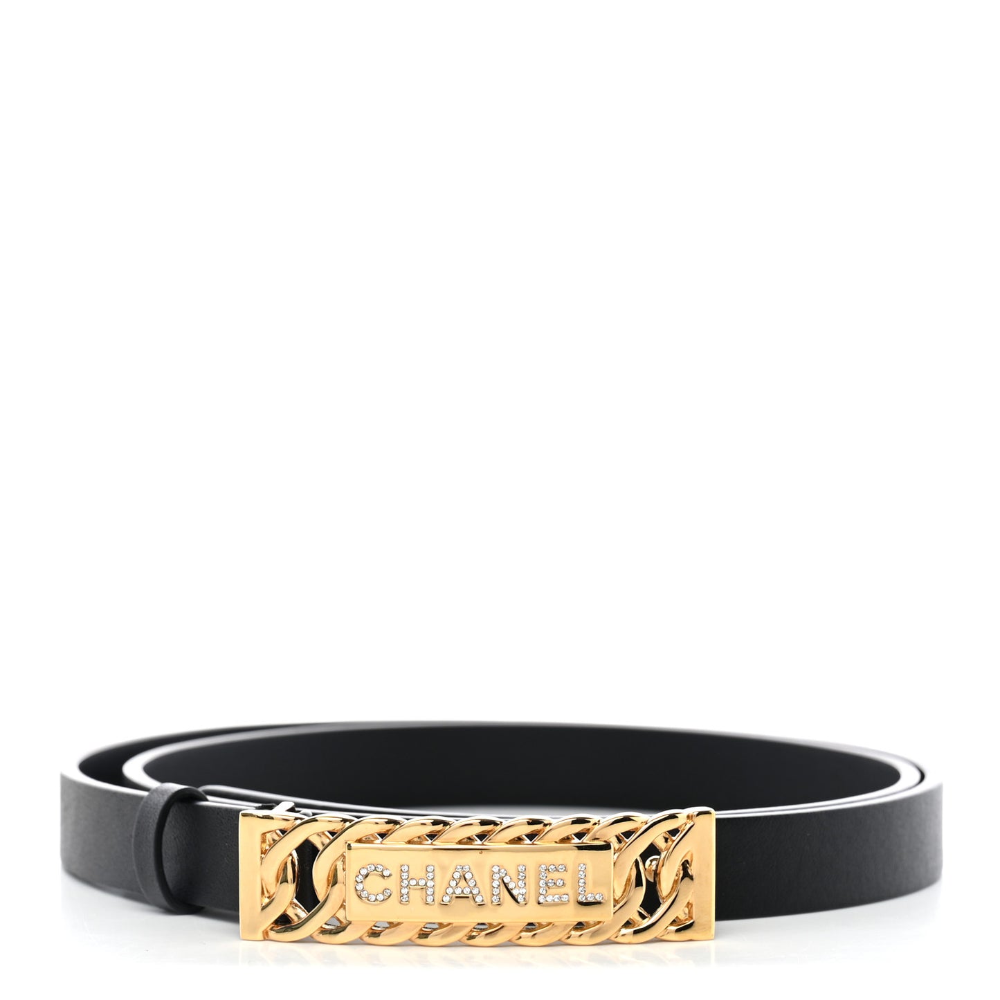 Calfskin Crystal Chain Logo Belt 85 34 Black