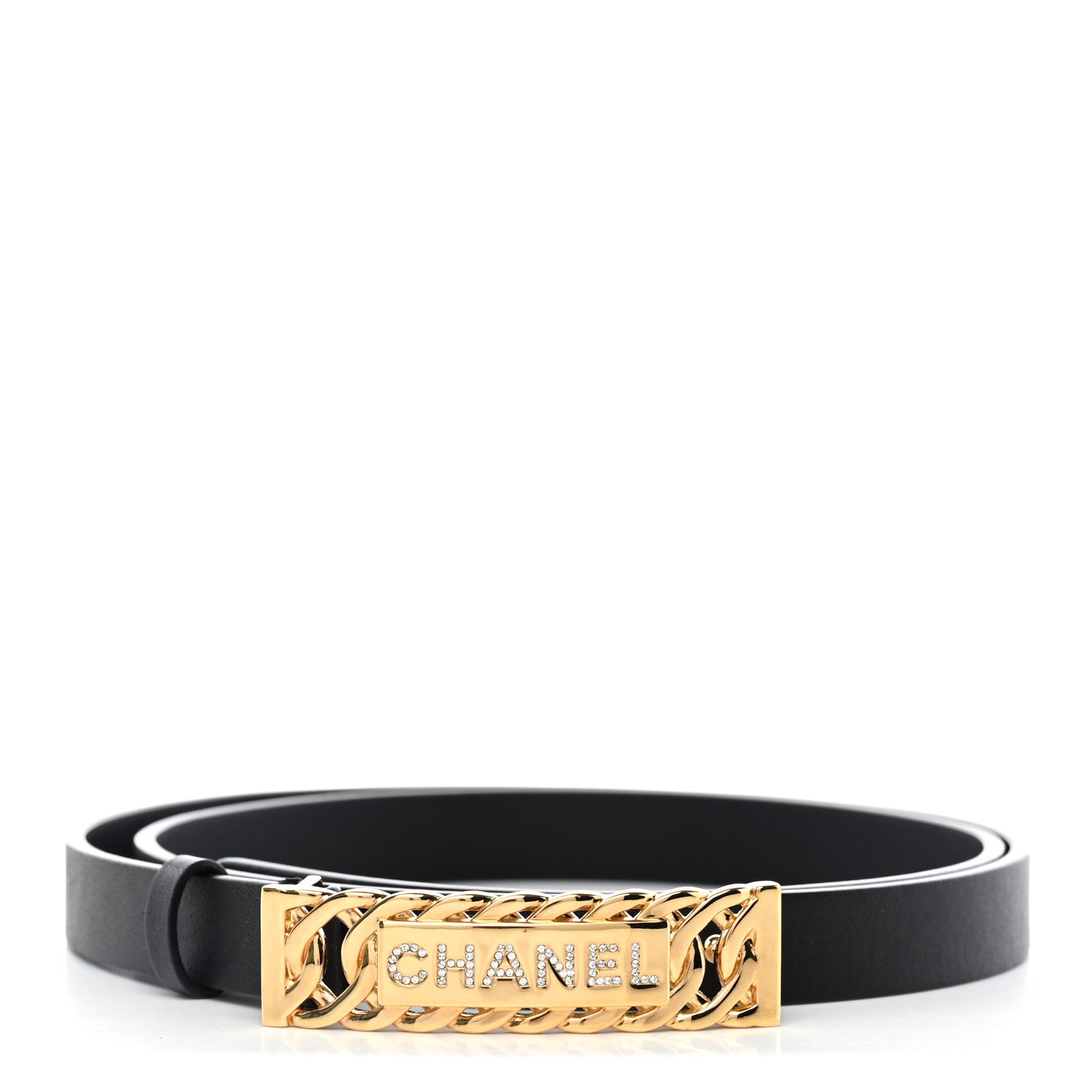 Chanel Calfskin Crystal Chain Logo Belt 85 34 Black 1 of 6
