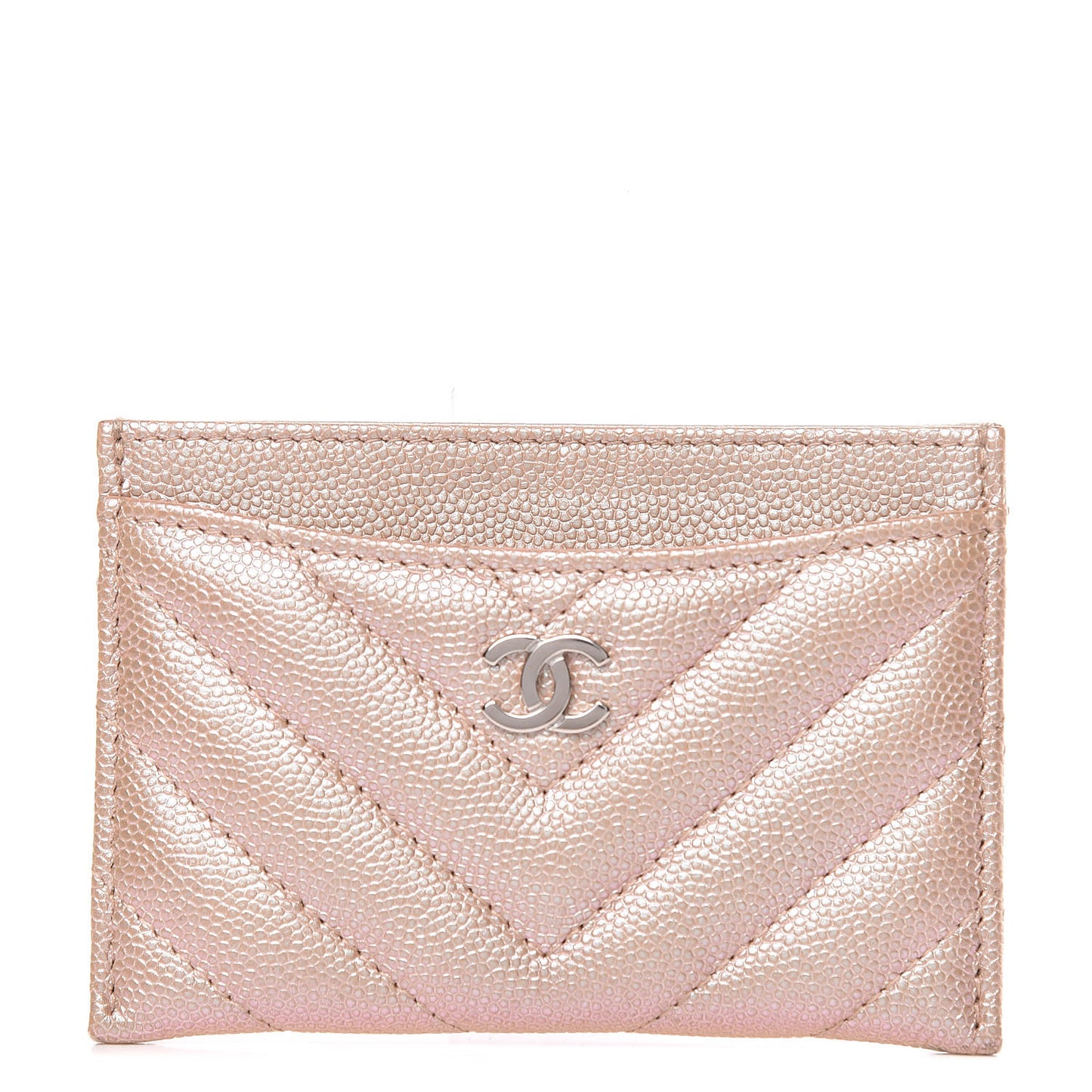 Iridescent Caviar Chevron Quilted Card Holder Beige