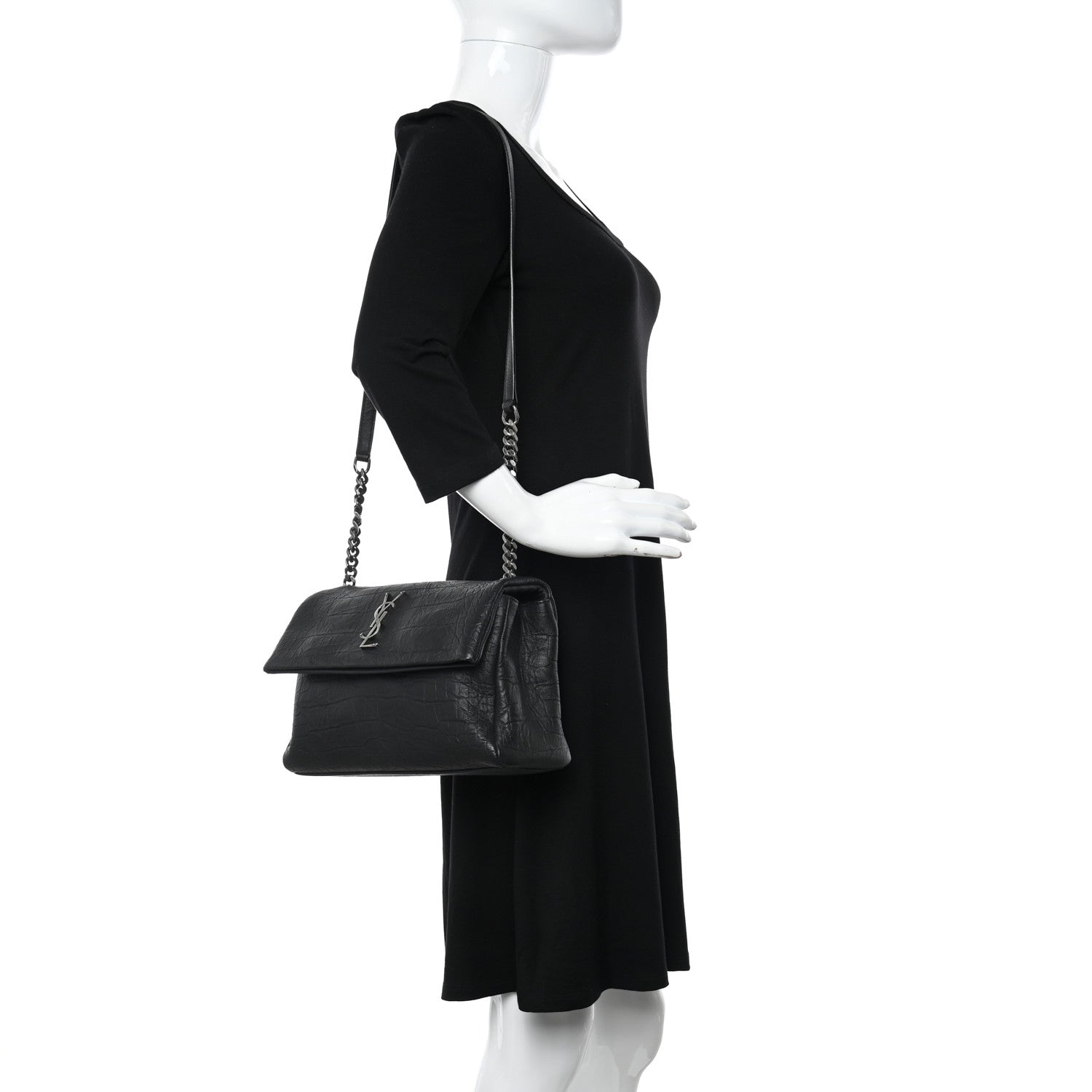 Saint Laurent Calfskin Crocodile Embossed Medium West Hollywood Monogram Fold-Over Black 2 of 11