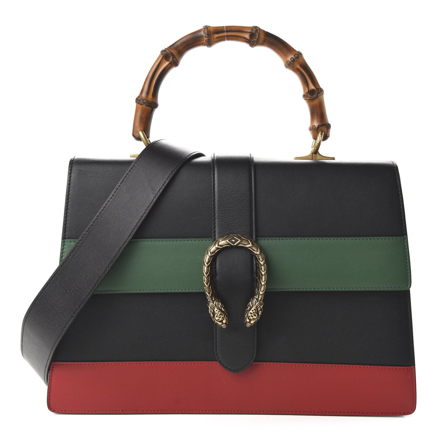 Calfskin Bamboo Web Large Dionysus Top Handle Bag Black Bright Evergreen Hibiscus Red