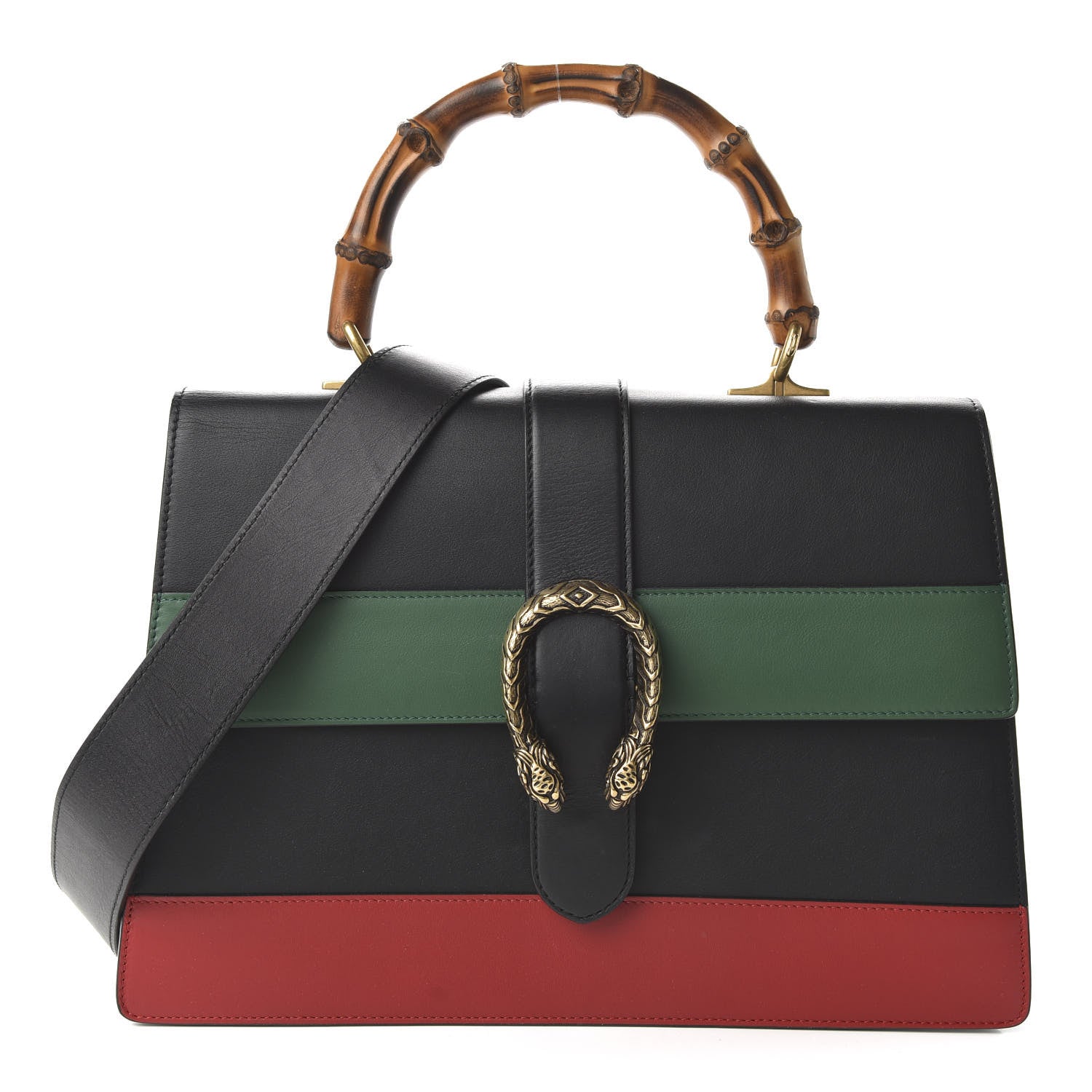 Gucci Calfskin Bamboo Web Large Dionysus Top Handle Bag Black Bright Evergreen Hibiscus Red 1 of 10