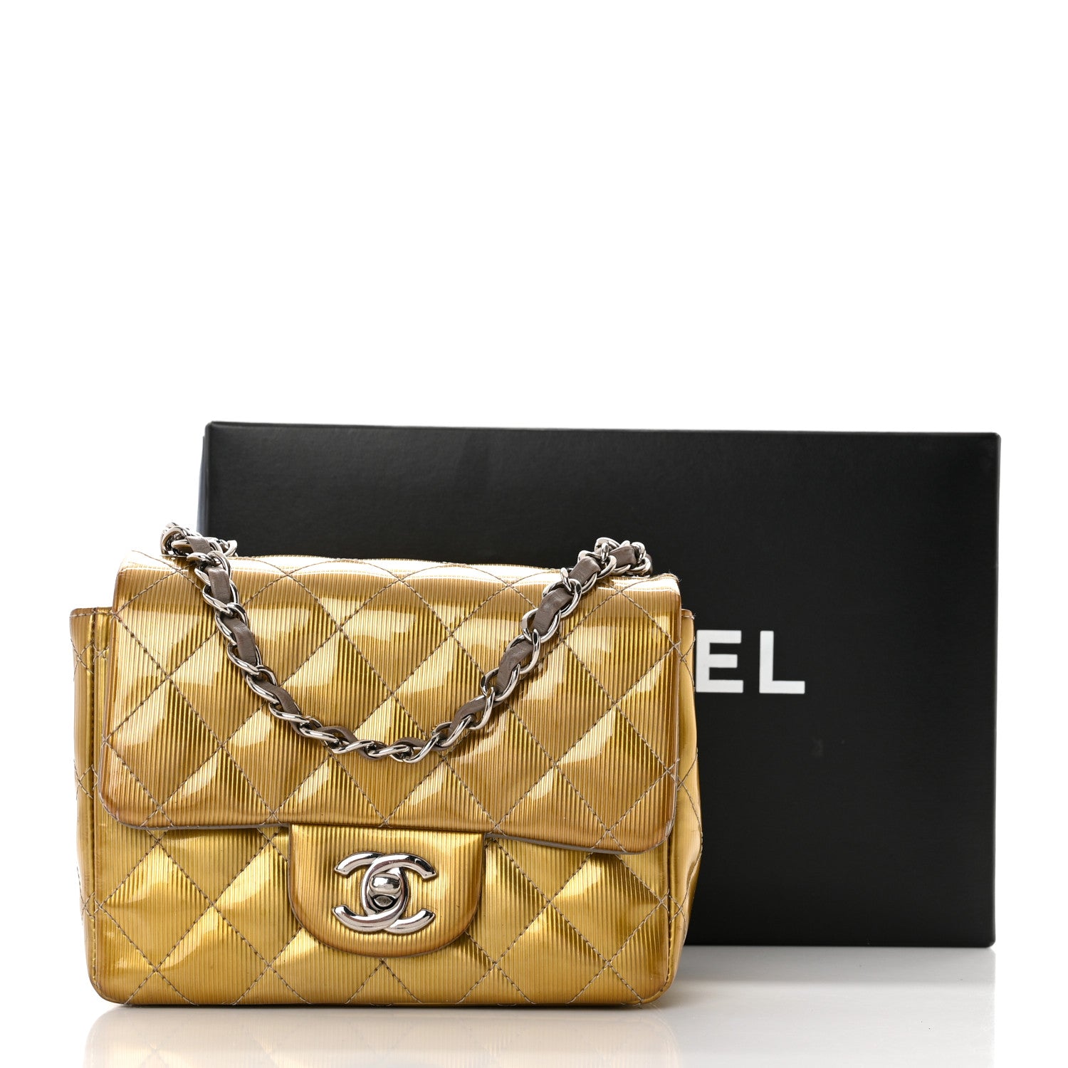 Chanel Striated Patent Quilted Mini Square Flap Beige 14 of 14