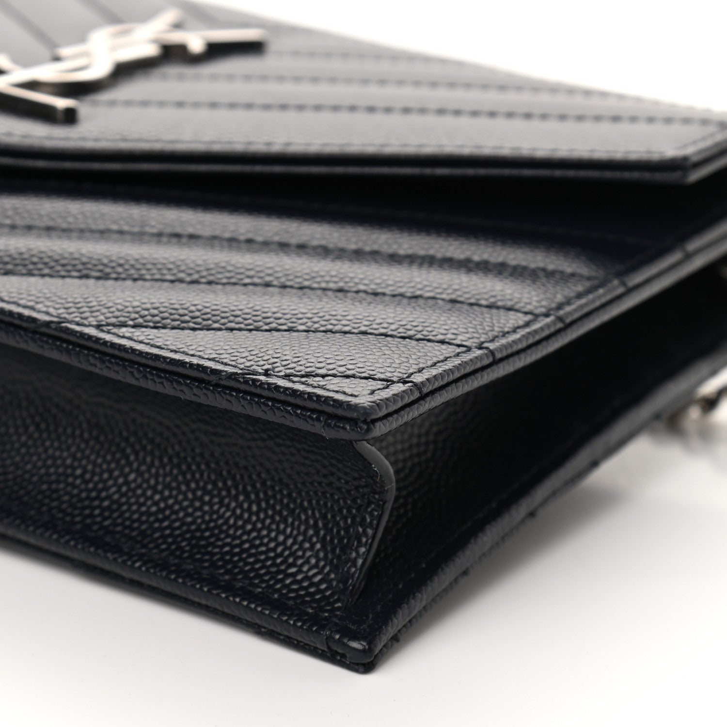 Saint Laurent Grain De Poudre Matelasse Chevron Monogram Envelope Chain Wallet Navy 9 of 10