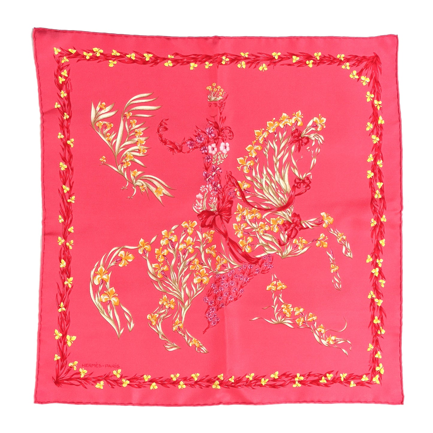Silk Gavroche Twill Mousseline Cheval Fleuri Scarf 45 Framboise Sable Soleil