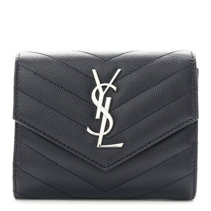 Saint Laurent Grain De Poudre Matelasse Chevron Monogram Compact Tri Fold Wallet Deep Marine 1 of 8
