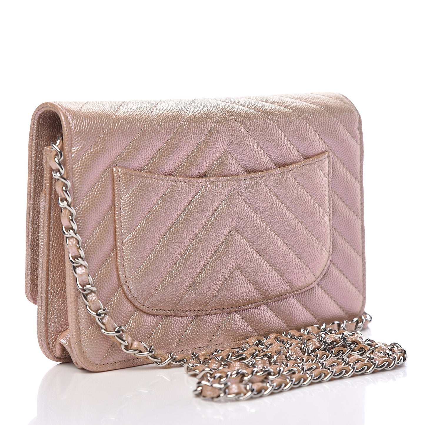 Metallic Caviar Chevron Quilted Wallet On Chain WOC Light Gold