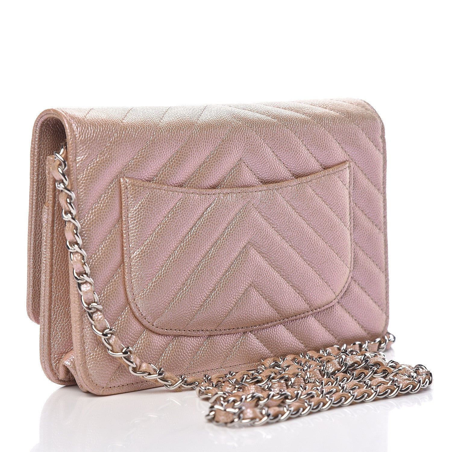 Chanel Metallic Caviar Chevron Quilted Wallet On Chain WOC Light Gold 3 of 12