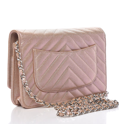 Chanel Metallic Caviar Chevron Quilted Wallet On Chain WOC Light Gold 3 of 12