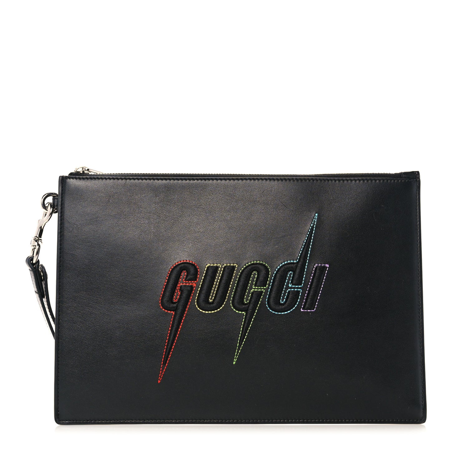 Calfskin Blade Embroidered Zip Pouch Black