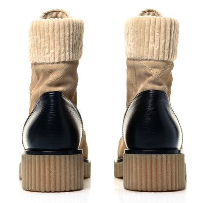 Chanel Suede Calfskin Velvet Quilted CC Combat Boots 41 Beige Black 3 of 8