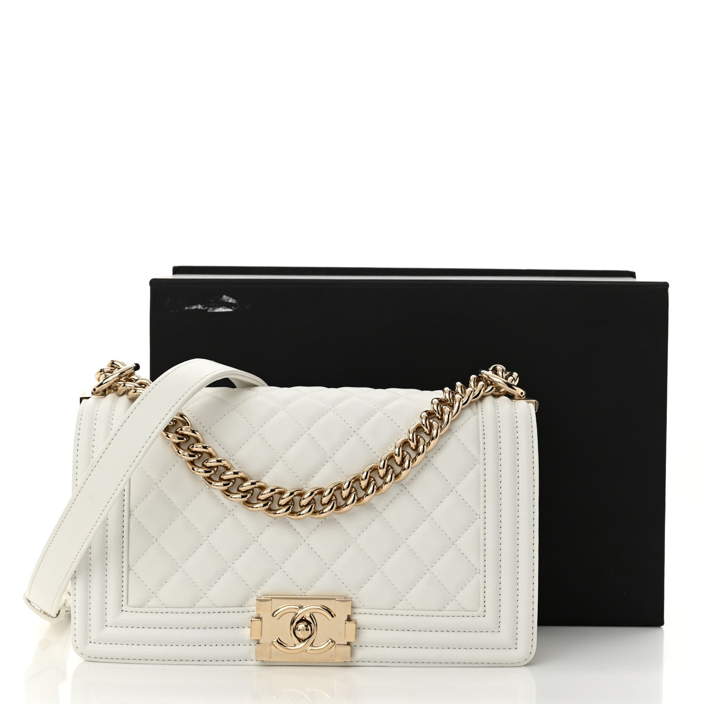 Calfskin Quilted Medium Boy Flap White