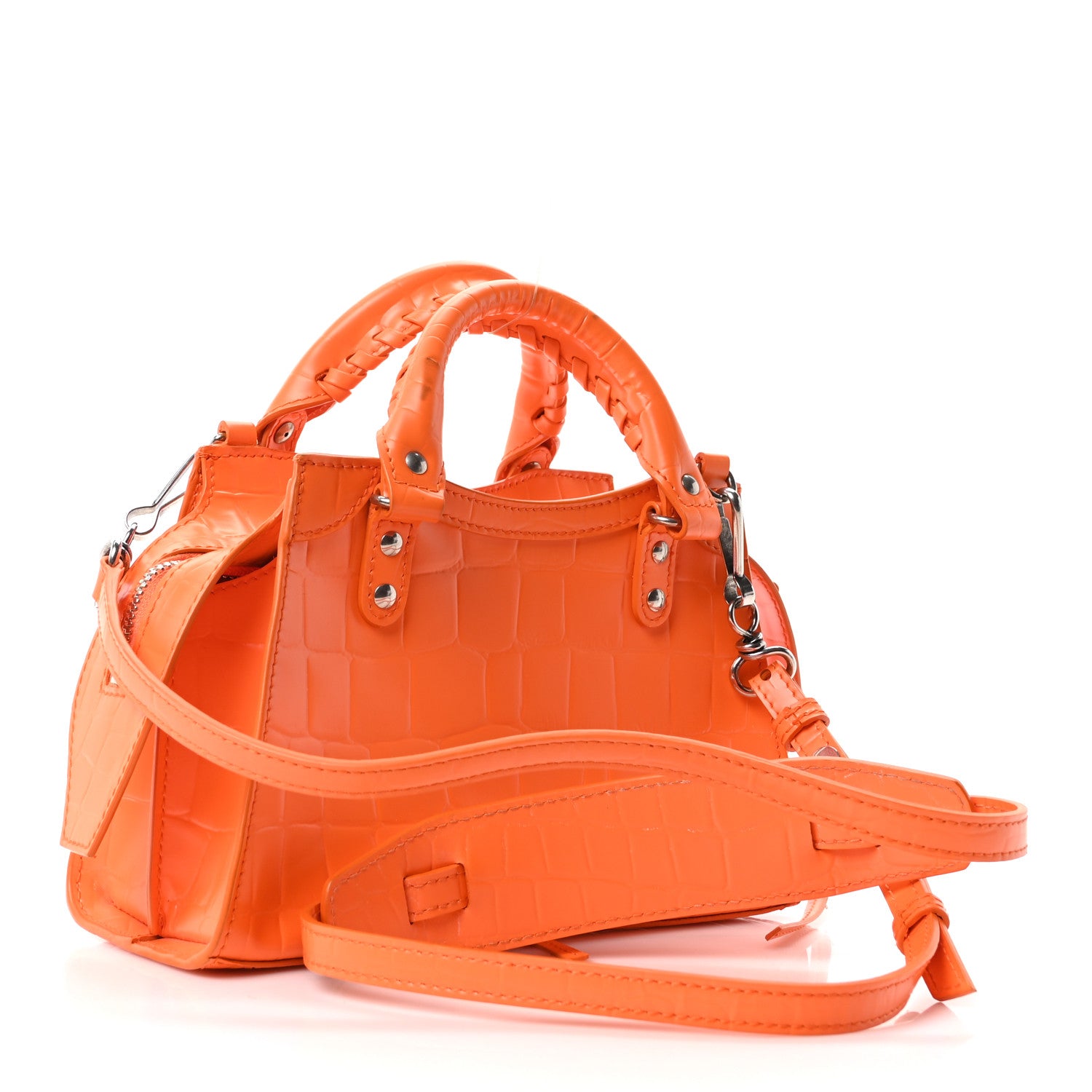 Balenciaga Semi Shiny Calfskin Crocodile Embossed Neo Classic Silver Hardware Mini City Orange 3 of 9