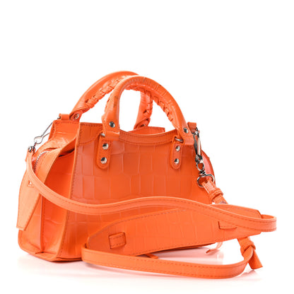 Balenciaga Semi Shiny Calfskin Crocodile Embossed Neo Classic Silver Hardware Mini City Orange 3 of 9