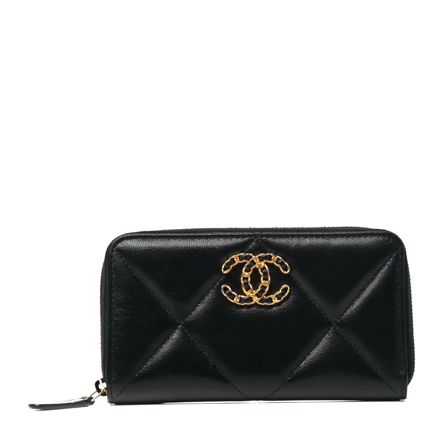 Shiny Goatskin Quilted Chanel 19 Long Zipped Around Wallet Black