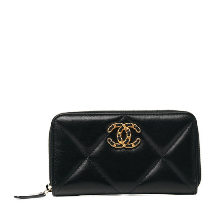 Chanel Shiny Goatskin Quilted Chanel 19 Long Zipped Around Wallet Black 1 of 9