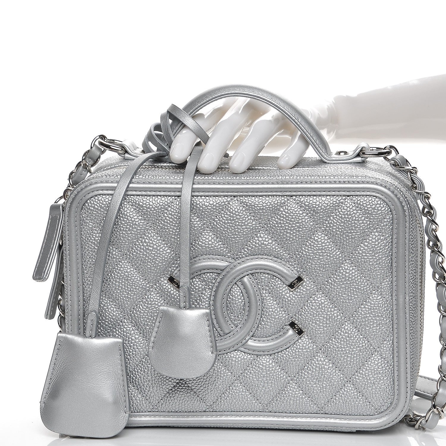 Chanel Metallic Caviar Quilted Medium CC Filigree Vanity Case Silver 4 of 10