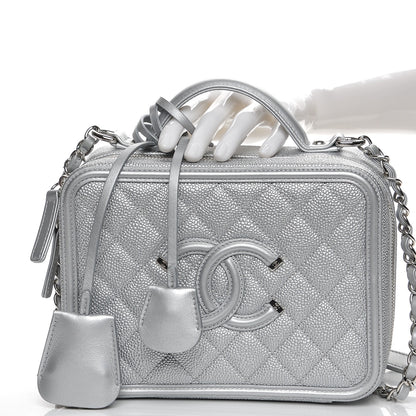 Chanel Metallic Caviar Quilted Medium CC Filigree Vanity Case Silver 4 of 10