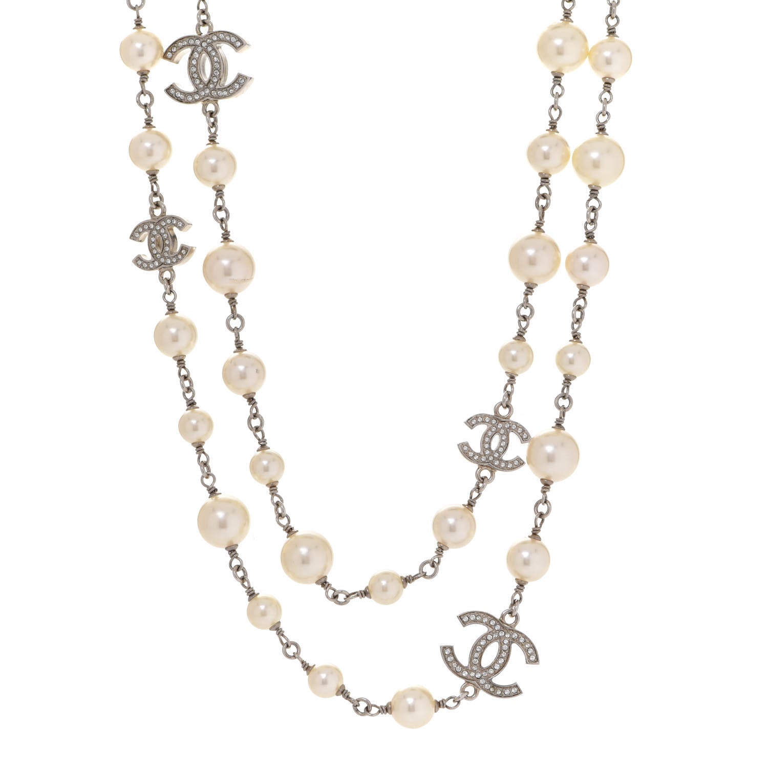 Chanel Crystal Pearl CC Long Necklace Silver 1 of 6
