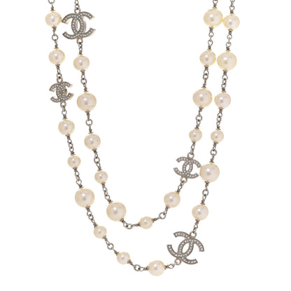 Chanel Graduated Pearl Crystal CC Long Necklace Silver 1 of 6