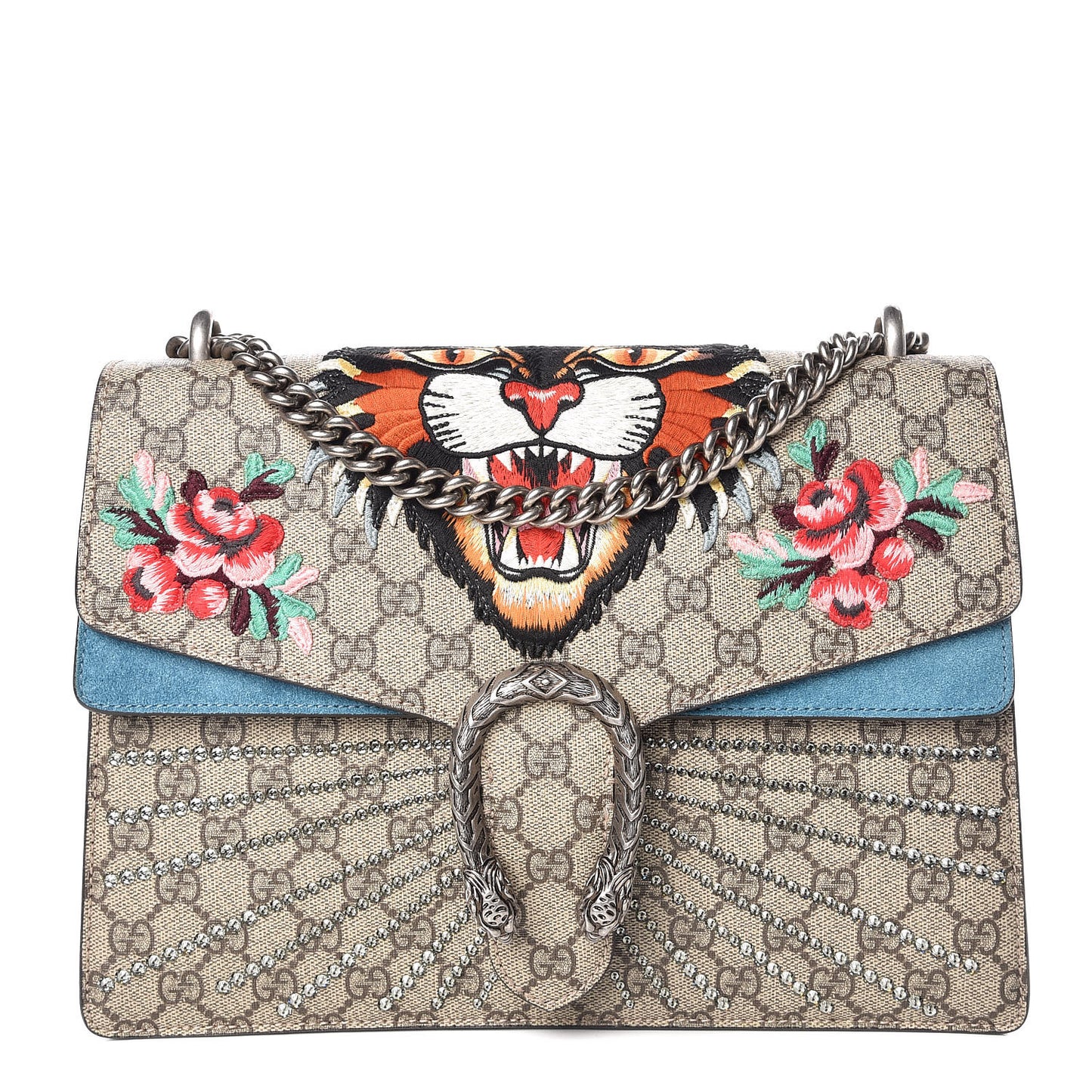 GG Supreme Monogram Angry Cat Embroidered Medium Dionysus Shoulder Bag Beige Ultramarine