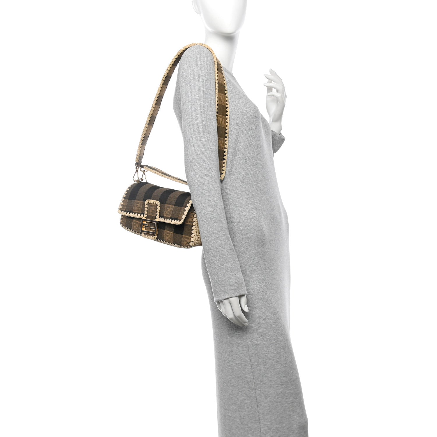 Fendi Fabric Jacquard Raffia Straw Pequin Gingham Woven Baguette Beige Black Natural 2 of 9
