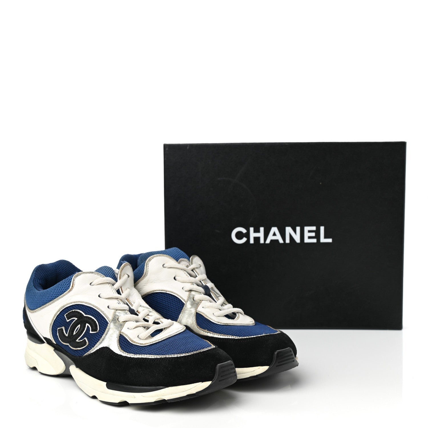 Chanel Mesh Suede Calfskin Womens CC Sneakers 39 Dark Blue Black White 12 of 12