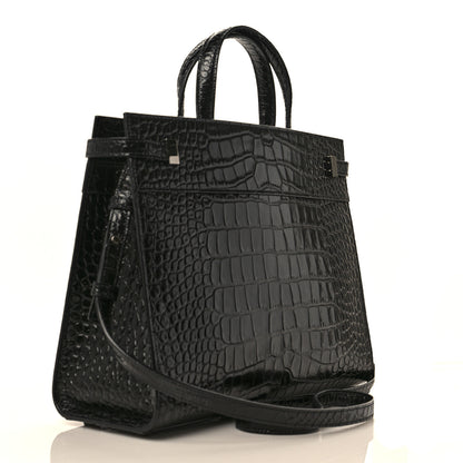 Saint Laurent Shiny Calfskin Crocodile Embossed Small Manhattan Shopper Tote Black 3 of 10
