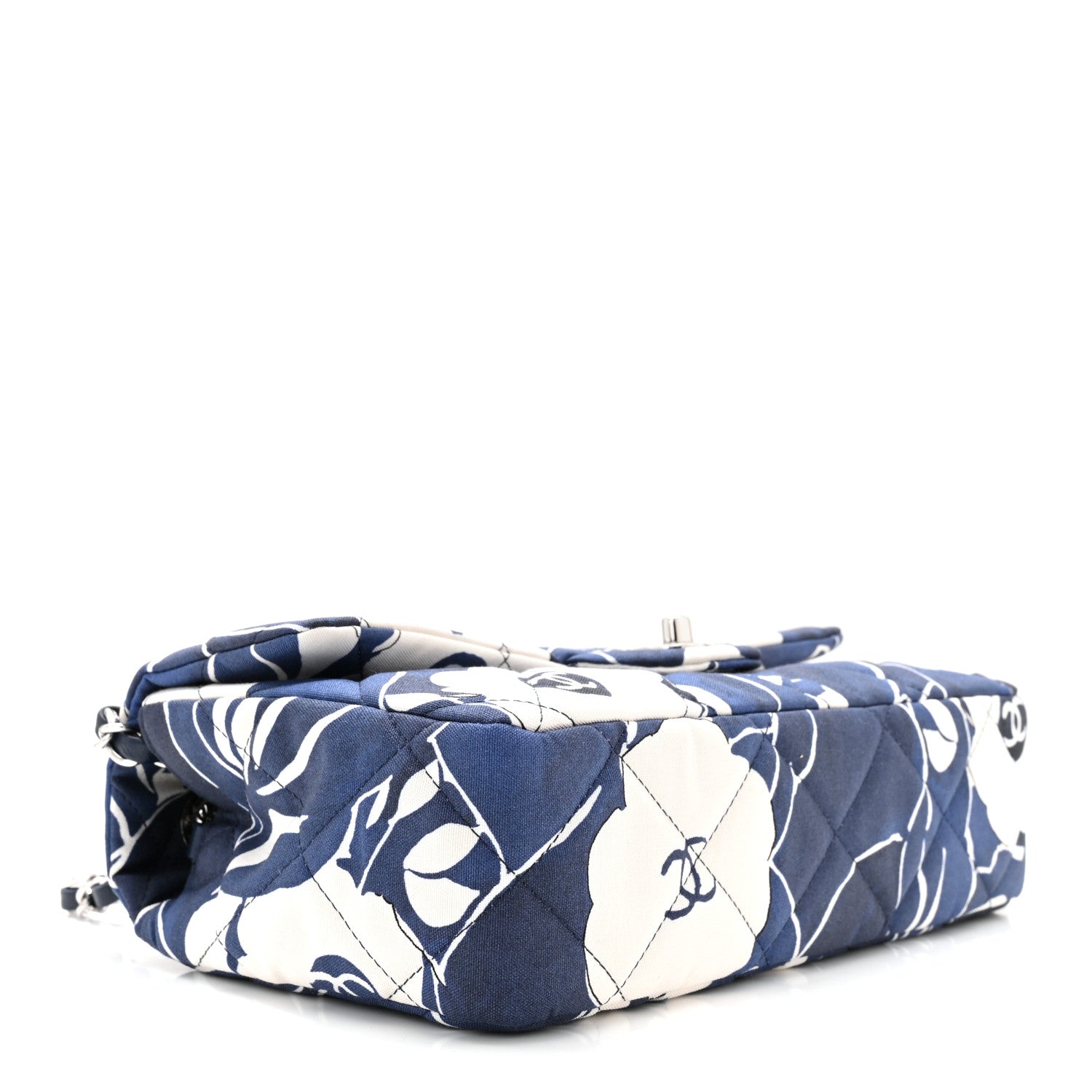 Chanel Floral Printed Silk CC Medium Single Flap Navy Blue White