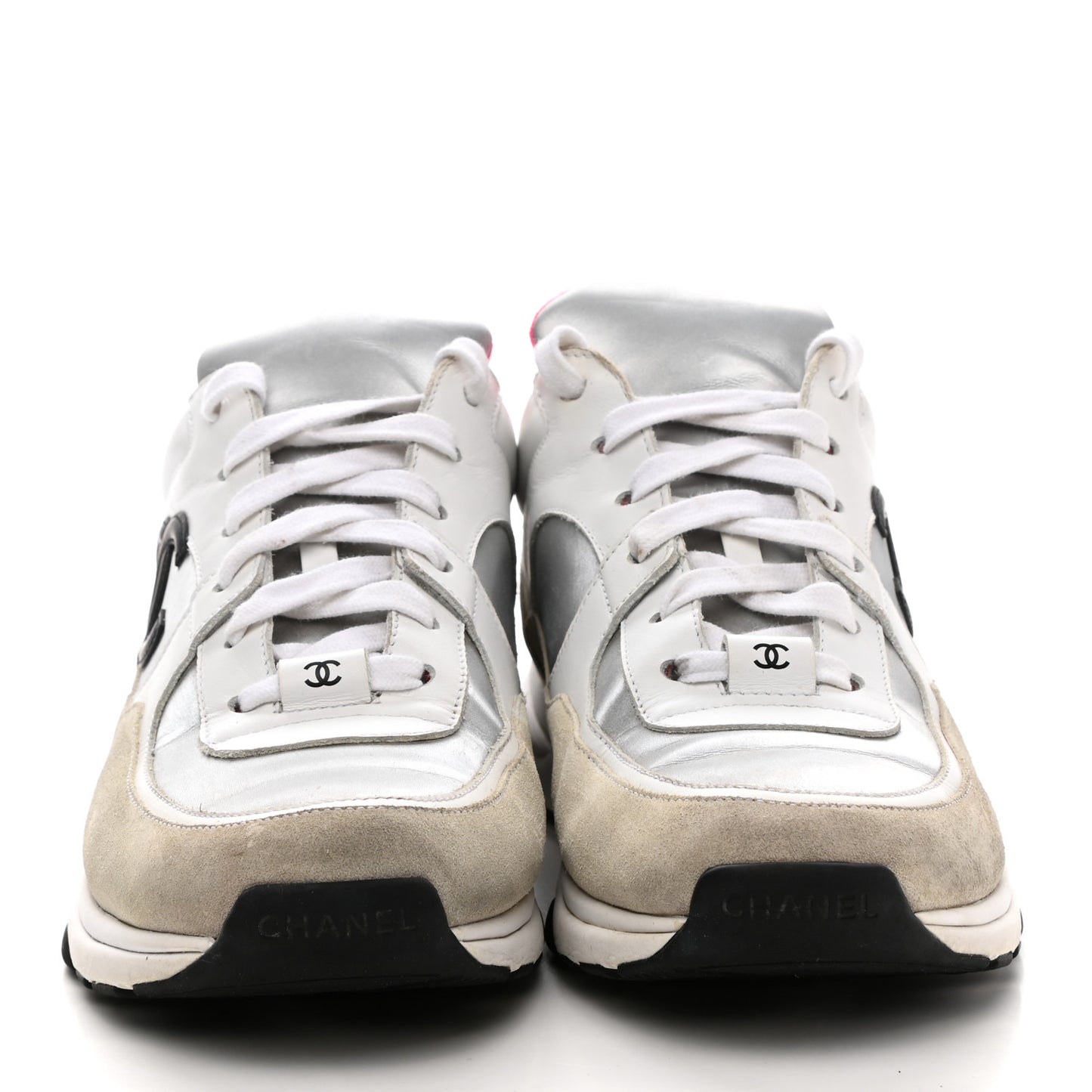 Calfskin Fabric Sneakers 40 White Silver Fluo Pink