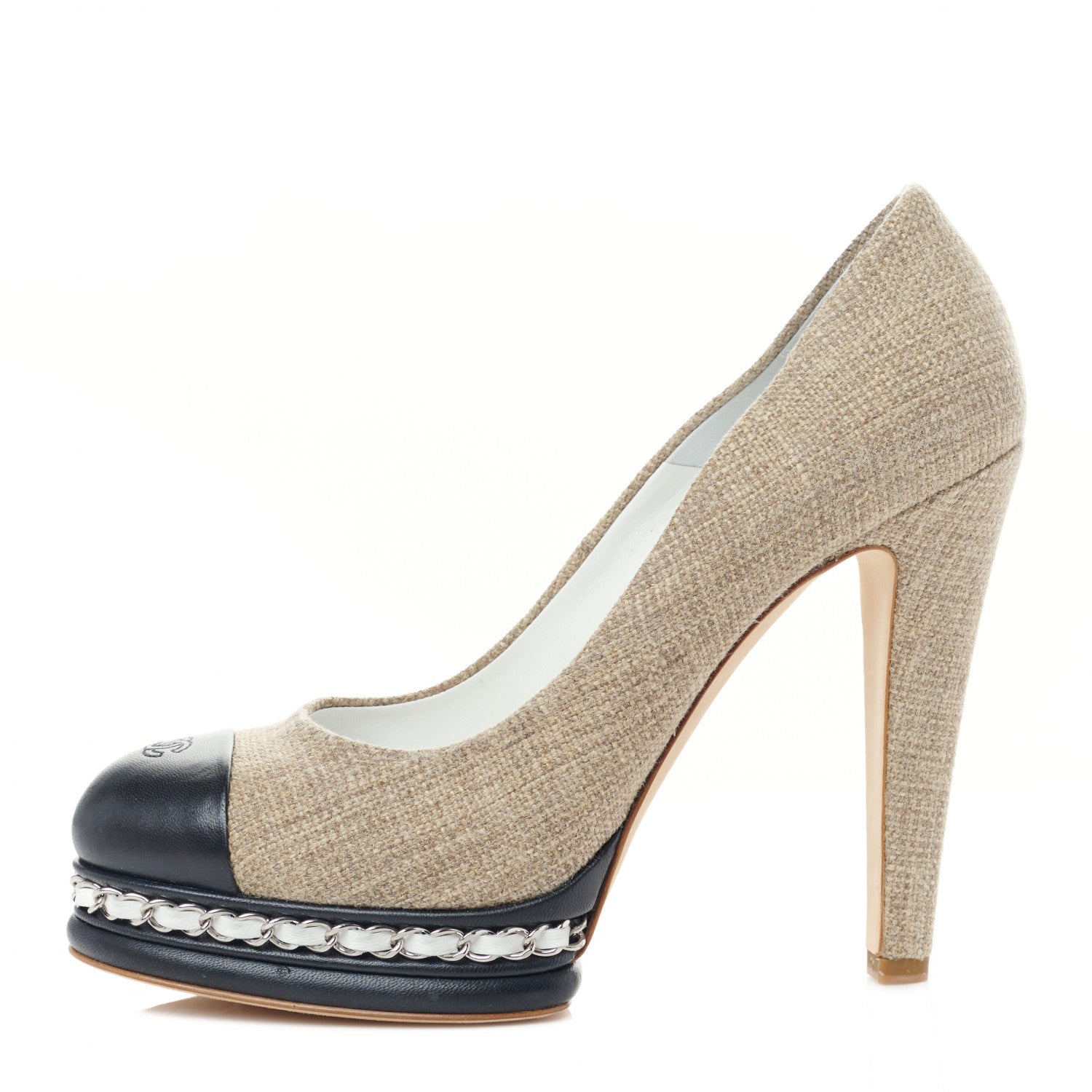 Chanel Linen Lambskin CC Chain Cap Toe Platform Pumps 39.5 Beige Fonce Black 1 of 9