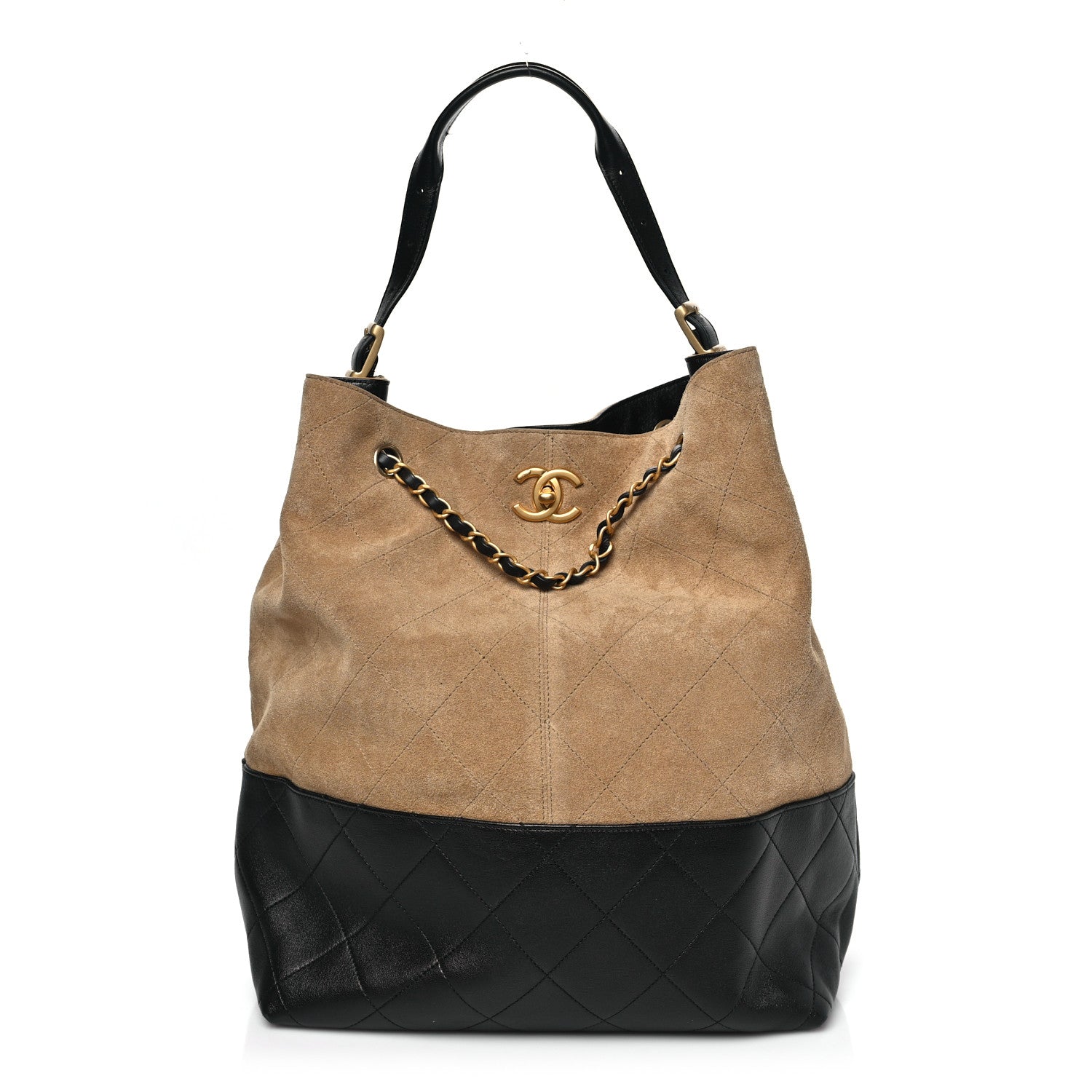 Chanel Suede Calfskin Shiny Lambskin Quilted Large Coco Base Shopping Bag Beige Black 1 of 10