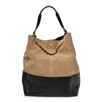 Chanel Suede Calfskin Shiny Lambskin Quilted Large Coco Base Shopping Bag Beige Black 1 of 10