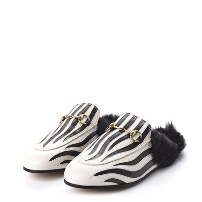 Gucci Malaga Kid Fur Zebra Inlay Womens Princetown Slippers 37 Mystic White Black 3 of 8