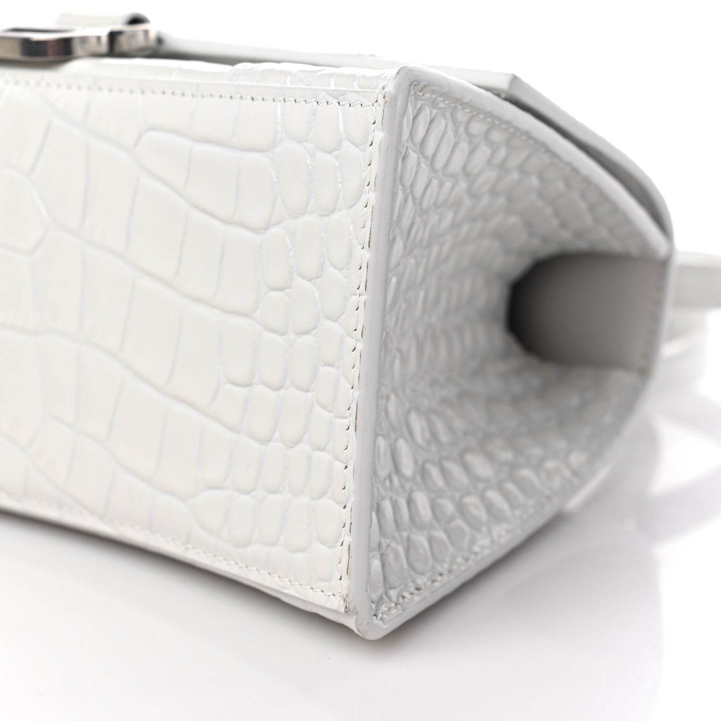 Calfskin Crocodile Embossed Small Hourglass Top Handle Bag White