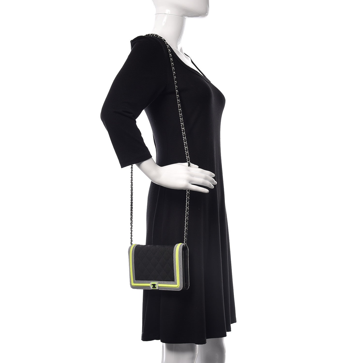 Chanel Canvas Quilted Fluo Boy Wallet On Chain WOC Black Grey Yellow 2 of 15