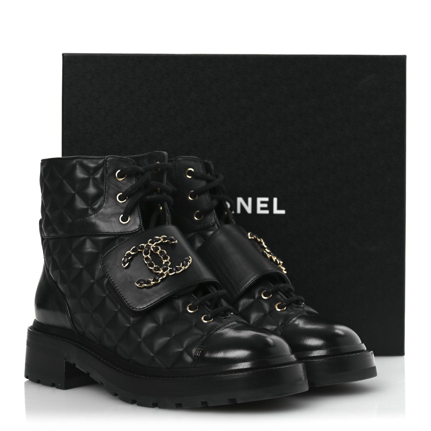 Shiny Calfskin Quilted Lace Up Combat Boots 38 Black