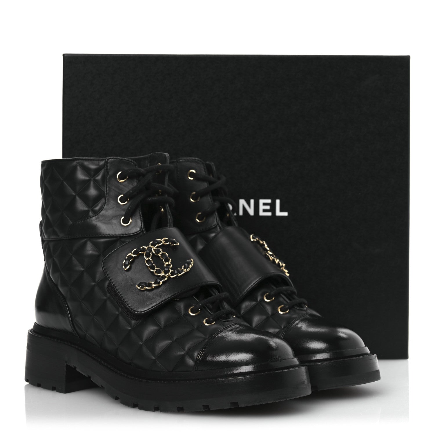Chanel Shiny Calfskin Quilted Lace Up Combat Boots 38 Black 12 of 12