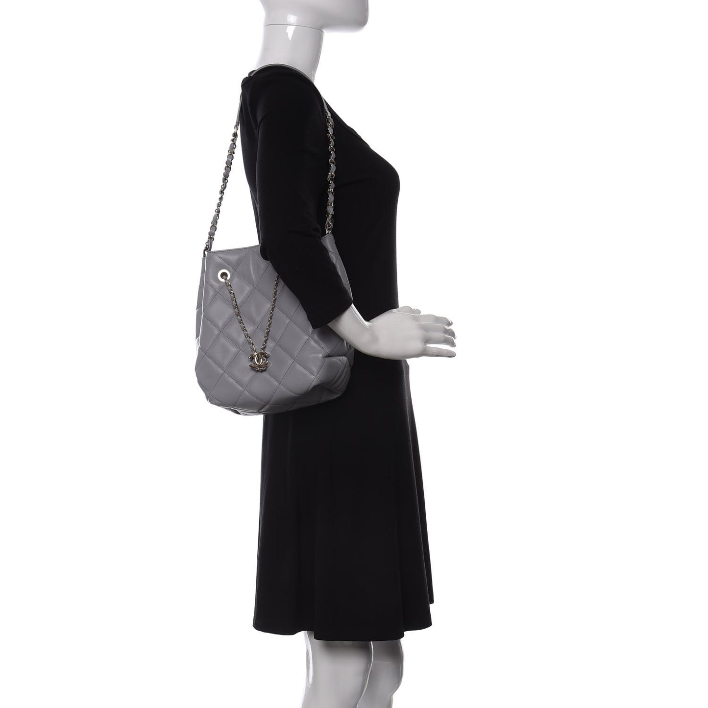 Lambskin Quilted Large CC Drawstring Bag Light Grey