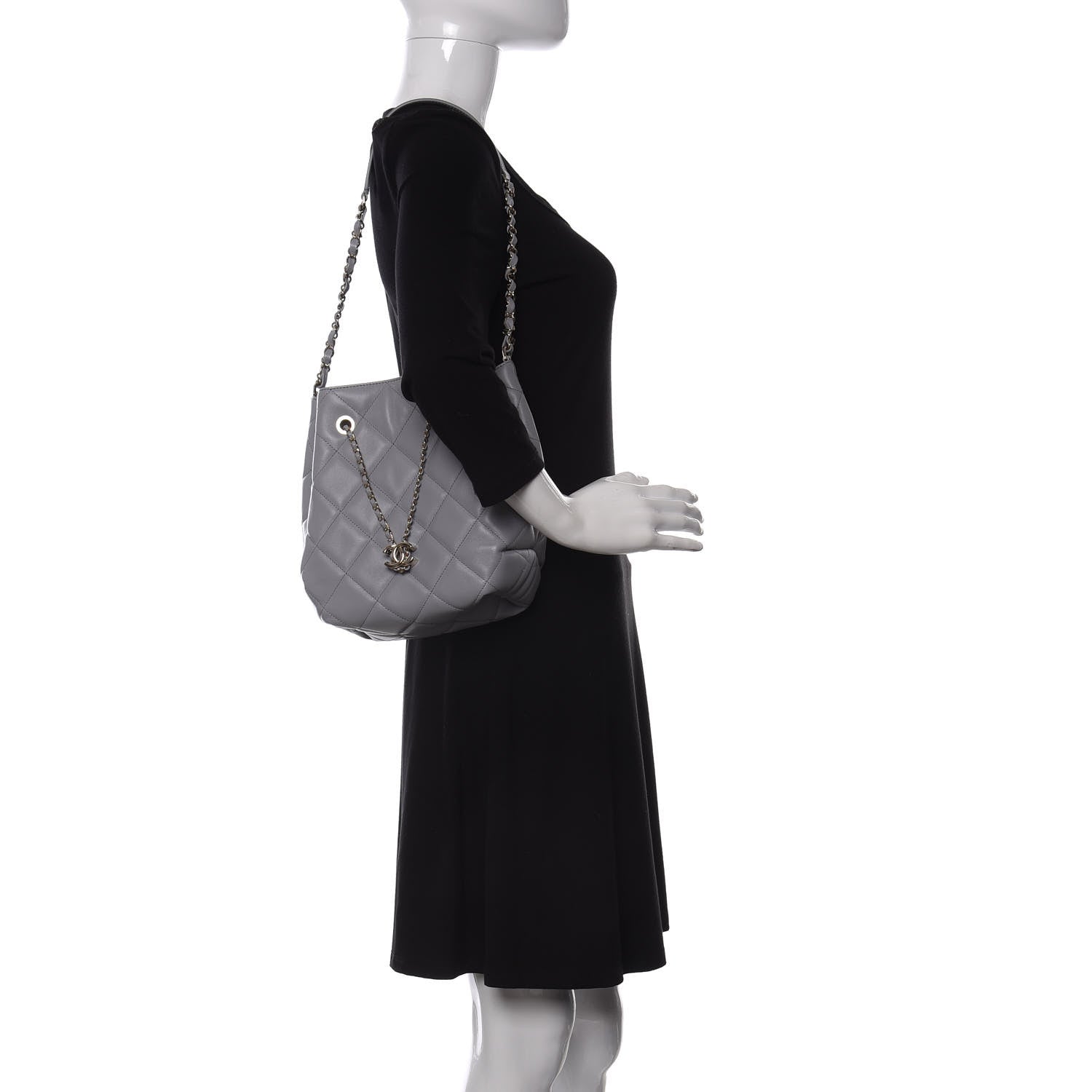 Chanel Lambskin Quilted Large CC Drawstring Bag Light Grey 2 of 10