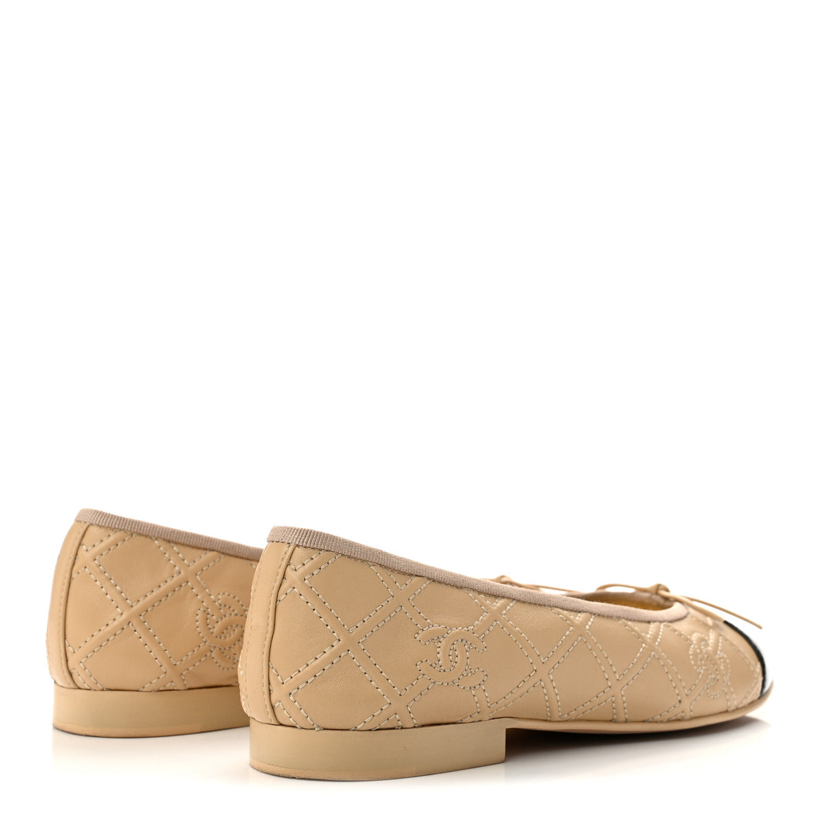 Chanel Lambskin Patent Double Stitched CC Cap Toe Ballerina Flats 37 Beige Black 5 of 10