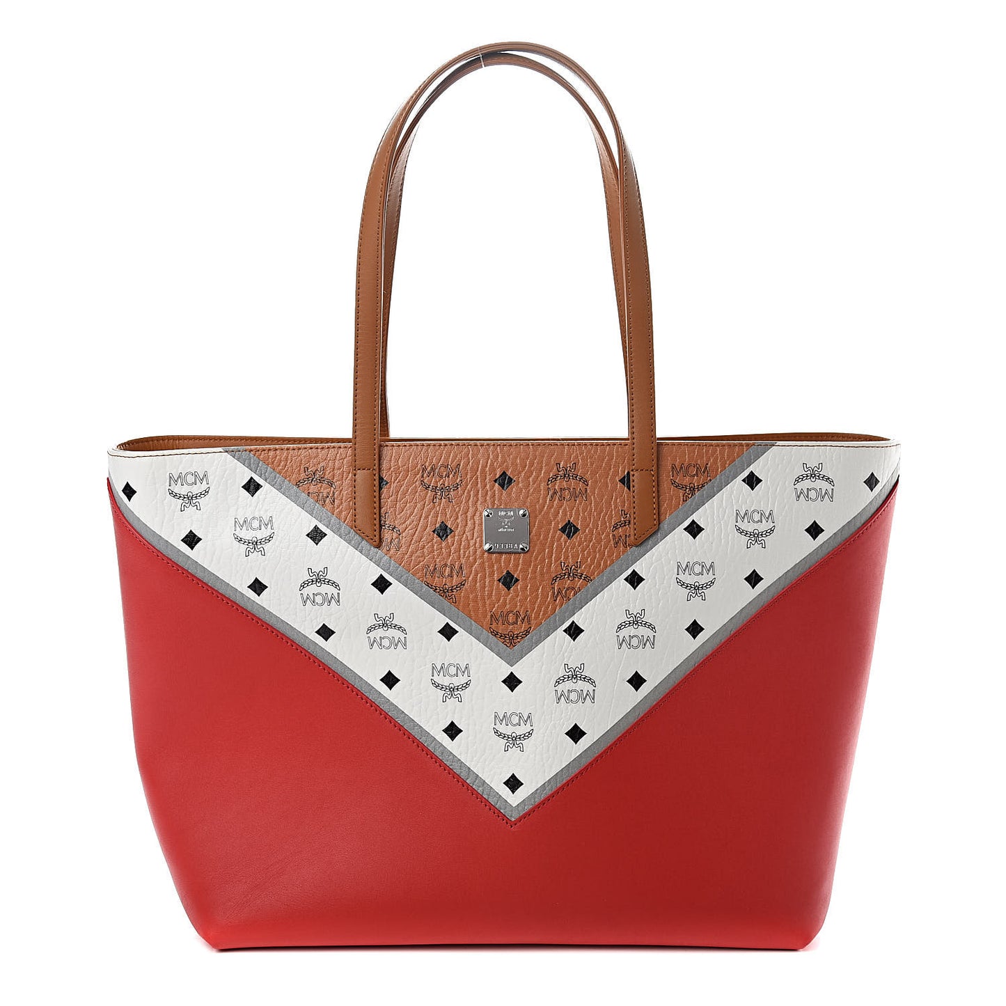 Visetos Chevron Medium Colorblock Anya Zip Top Shopper Tote Cognac White Ruby Red