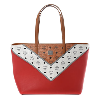 MCM Visetos Chevron Medium Colorblock Anya Zip Top Shopper Tote Cognac White Ruby Red 1 of 10