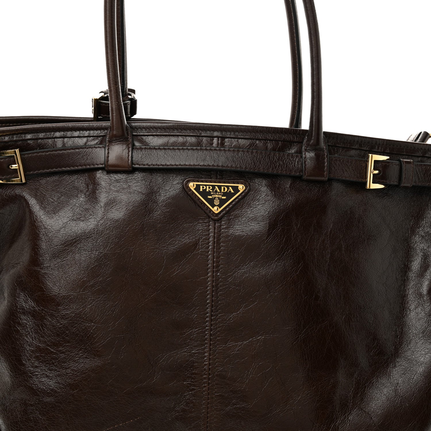 Prada Glossy Calfskin Triangle Extra Large Bonnie Shoulder Bag Dark Brown 8 of 10