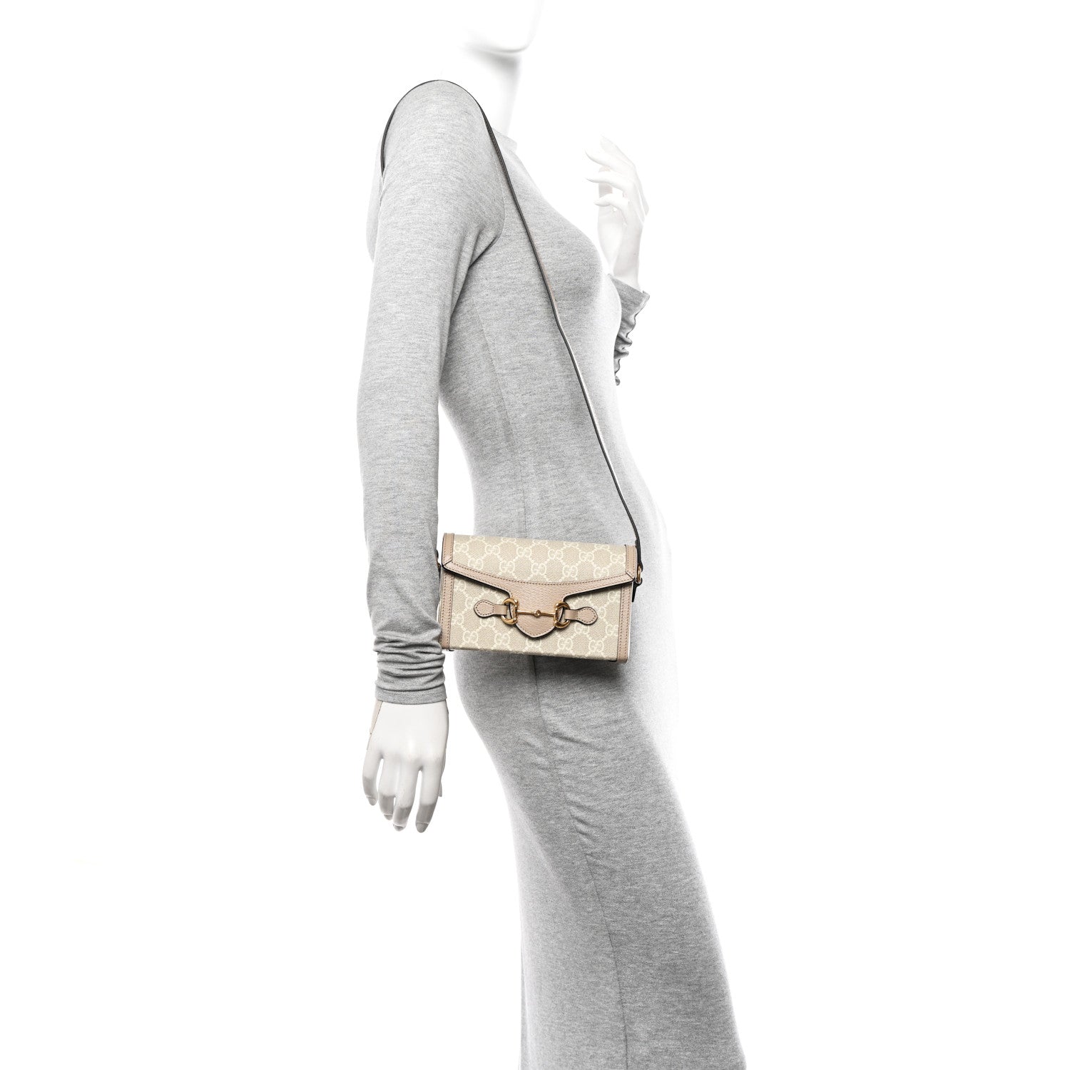 Gucci GG Supreme Monogram Textured Dollar Calfskin Mini Horsebit 1955 Shoulder Bag Beige Mystic White Oatmeal 2 of 12
