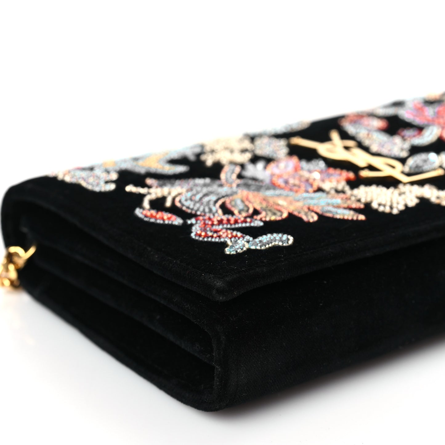 Suede Embroidered Birds Monogram Chain Wallet Black